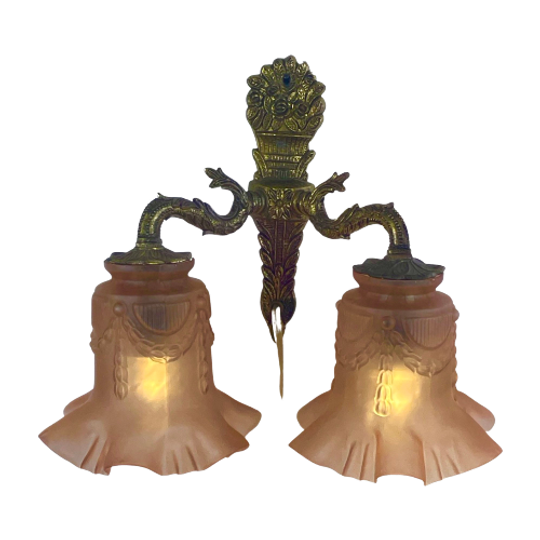 Art Deco - Antique Wall Mounted Lamp - Brass Base And Two Pink Satin Glass Shades With A Skirt Mo 1