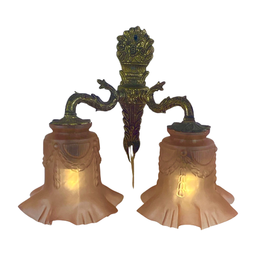 Art Deco - Antique Wall Mounted Lamp - Brass Base And Two Pink Satin Glass Shades With A Skirt Mo