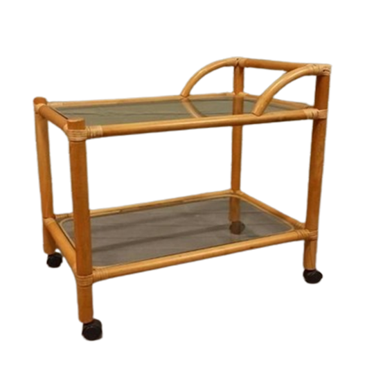 Vintage Boho Bamboe En Glas Trolley Barcart Serveerwagen 1