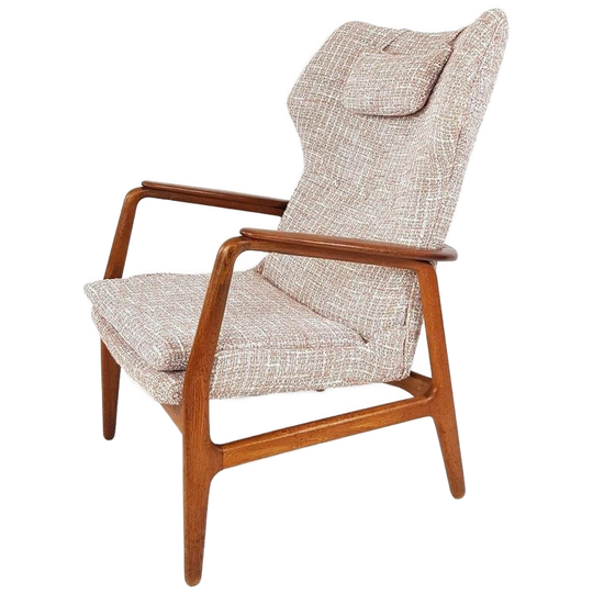 Vintage Bovenkamp Fauteuil Teakhout Roze Bruine Crème Stof 1