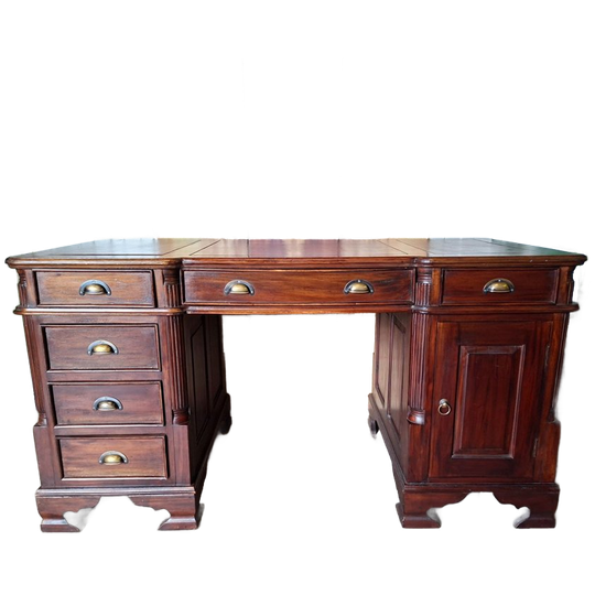 Klassiek 2-zijdig Schrijf Bureau, Partnerdesk, Schrijftafel Met Lederen Inleg Lichte Gebruikssporen Afm.150x75cm En 79cm Hoog 1