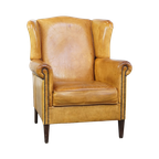 Charmante, Comfortabele, Licht Gekleurde Vintage Engelse Stijl Rundleren Oorfauteuil thumbnail 1