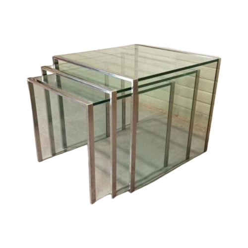 Vintage Glas En Chrome Mimiset Nesting Tables Bijzettafels