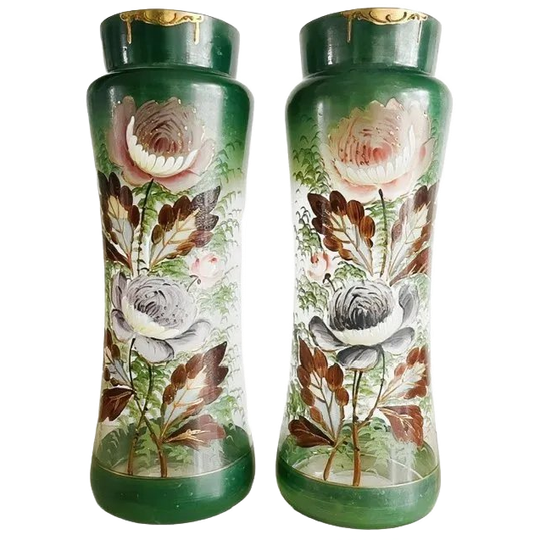 Set Antieke Victoriaanse Art Nouveau Vergulde Gouden Handbeschilderde Bloemen Groen Glazen Vaas 33 Cm 1900’s 1