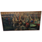 Vintage Frans Schilderij Met Boten In Haven, Jaren 50 thumbnail 1