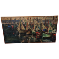 Vintage Frans Schilderij Met Boten In Haven, Jaren 50