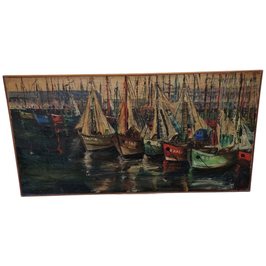 Vintage Frans Schilderij Met Boten In Haven, Jaren 50 1