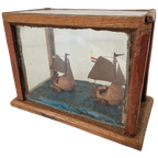 Antieke Vitrine Volkskunst Art Walnoot Bootje Vitrinekast thumbnail 1