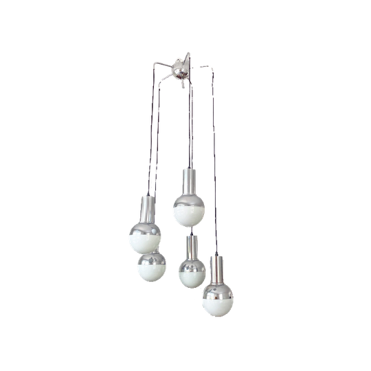 Vintage Cascade Hanglamp Chrome En Melkglazen Bollen, Bollamp, Eyeball Lamp 1