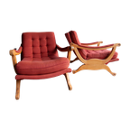 Pair Of Red Fabric And Wooden Club Chairs With Soft Lined Design. thumbnail 1