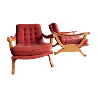 Pair Of Red Fabric And Wooden Club Chairs With Soft Lined Design.