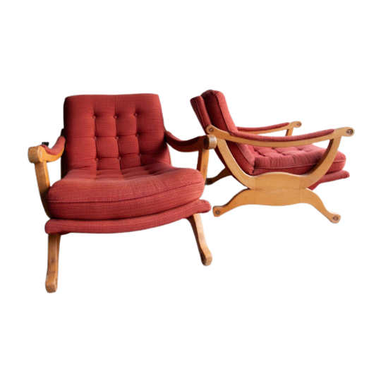 Pair Of Red Fabric And Wooden Club Chairs With Soft Lined Design. 1