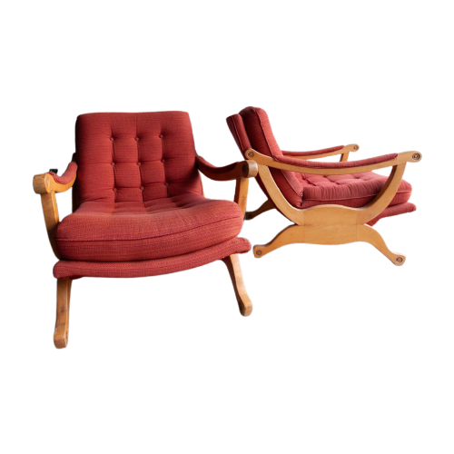 Pair Of Red Fabric And Wooden Club Chairs With Soft Lined Design.