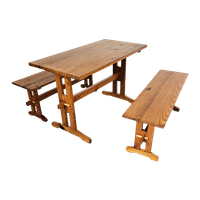 Scandinavian Modern Solid Pinewood Benches And Dining Table, 1970's