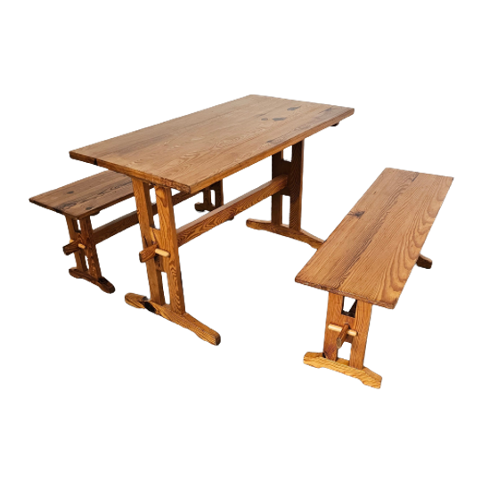 Scandinavian Modern Solid Pinewood Benches And Dining Table, 1970's 1