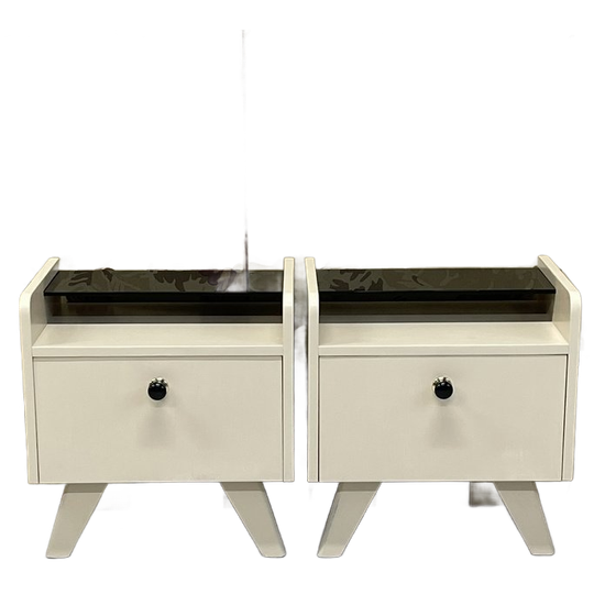 Vintage Sixties Nachtkastjes Set Zwart Rookglas Klepkastje 1