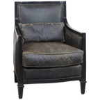 Unieke En Karaktervolle, Strakke Zwarte Art Deco Design Rundleren En Houten Armchair thumbnail 1