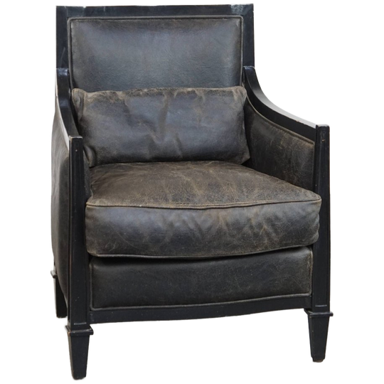 Unieke En Karaktervolle, Strakke Zwarte Art Deco Design Rundleren En Houten Armchair 1