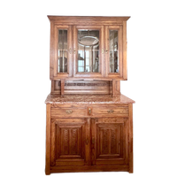 2Delig Antiek Eiken Buffetkast Met Facet Geslepen Glas En Marmer Blad, 213 Cm Hoog