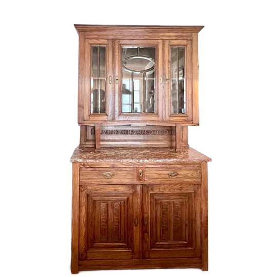 2delig Antiek Eiken Buffetkast Met Facet Geslepen Glas En Marmer Blad, 213 Cm Hoog 1