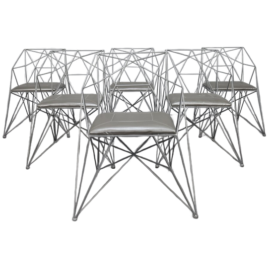 6x Geometric Wire Frame Dining Chairs, Rare 1