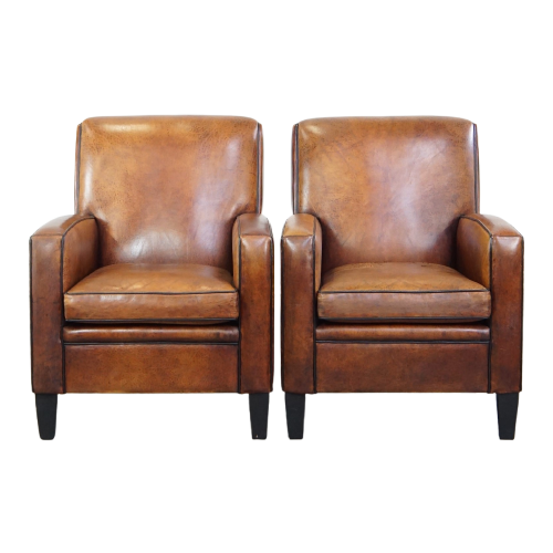 Set Van 2 Stoere Maar Comfortabele Armchairs Gemaakt Van Schapenleer Met Een Strak Design