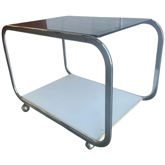 Vintage Chromen Bijzettafel / Barcart Met Fumé Glas 1