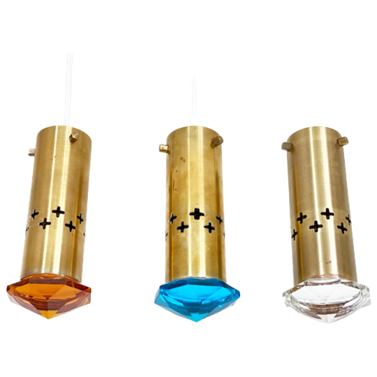 3 Zeldzame Mid Century Helmer Andersson Voor Örsjö Hanglampen - Messing En Gekleurd Glas 1