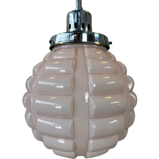 Art Deco Rosé Opaline En Chroom Hanglamp 1