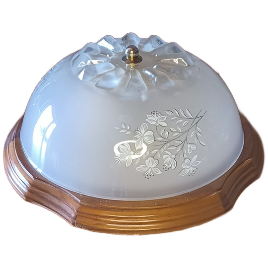 Vintage Massive Plafonnières Jaren 70/80, Model 70233/01, Set Van 2 - Matglas Met Bloemenreliëf En Houten Basis, Belgisch Design Plafondlamp 1