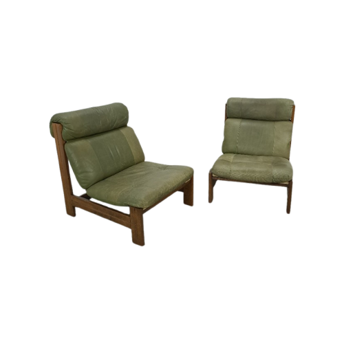 Groen Leren Stoel Met Eiken Hout Vintage Fauteuil