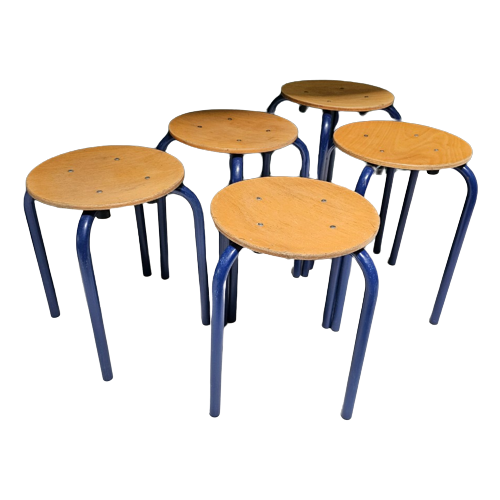 5 Leuke Vintage Retro Houten Schoolkrukjes Hout Blauw