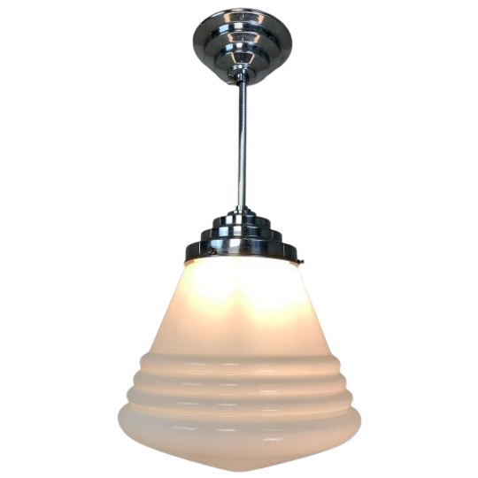 Art Deco Hanglamp Met Geribbelde Witte Bol, Jaren 30 1
