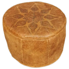 Vintage Leren Cognac Poef Ottoman, Rond thumbnail 1