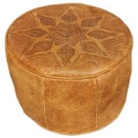 Vintage Leren Cognac Poef Ottoman, Rond