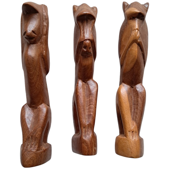 Horen Zien En Zwijgen Aapjes (teak?) Houtsnijwerk Hoogte 16 Cm 1