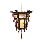 Chinese Lantaarn Chandelier - Rozen Hout - Gedecoreerd Glas - 2E Helft 20E Eeuw thumbnail 1
