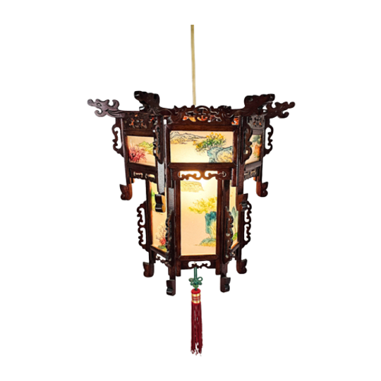 Chinese Lantaarn Chandelier - Rozen Hout - Gedecoreerd Glas - 2e Helft 20e Eeuw 1