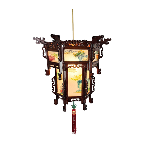 Chinese Lantaarn Chandelier - Rozen Hout - Gedecoreerd Glas - 2E Helft 20E Eeuw