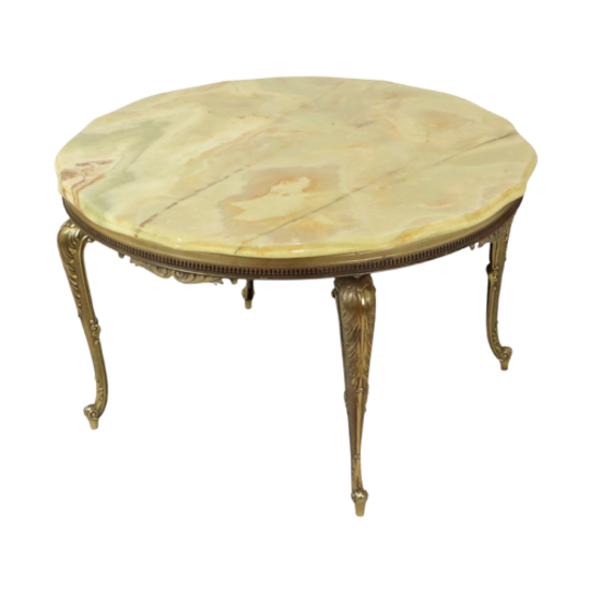 Ronde Salontafel Onyx Marmer Messing Hollywood Regency Stijl Fifties 1