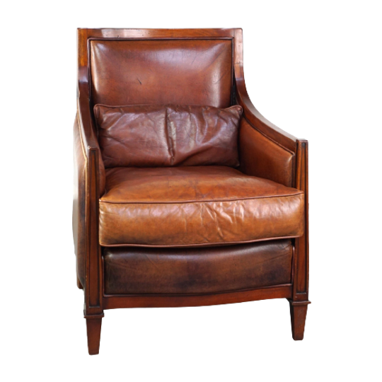 Comfortabele Artdeco Design Armchair/ Fauteuil In Cognac Kleurig Schapenleer Gecombineerd Met Hou 1
