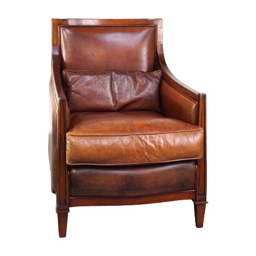 Comfortabele Artdeco Design Armchair/ Fauteuil In Cognac Kleurig Schapenleer Gecombineerd Met Hou