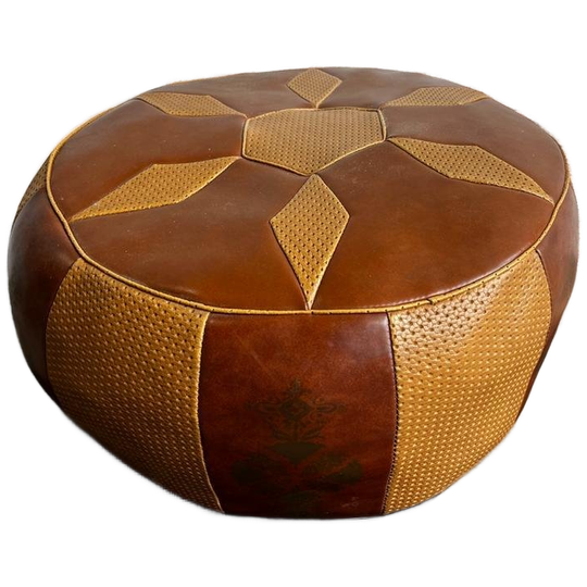 Vintage Patchwork Poef / Voetbank In Cognac Bruin 1