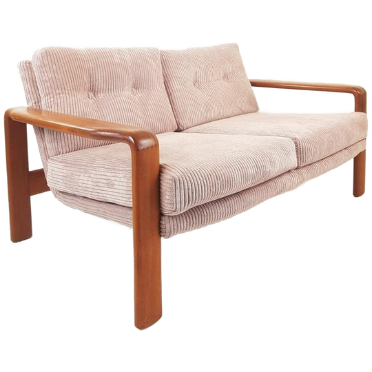 Vintage Teakhouten Bank Licht Roze Ribstof | Roze Bank Hout 1