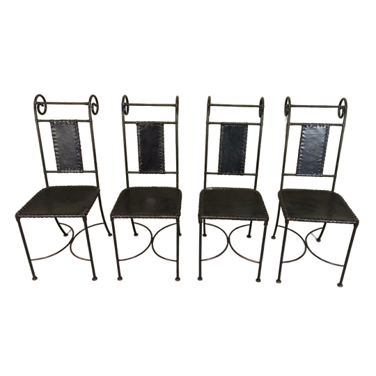 Set Van 4 Vintage Ijzer En Leer Stoelen, Zwart 1