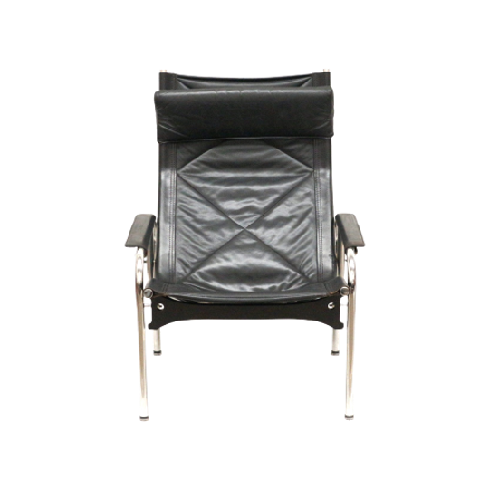 2x Vintage Zwart Leren Fauteuil Van Strässle He1106 Ontworpen Door Hans Eichenberger. 1