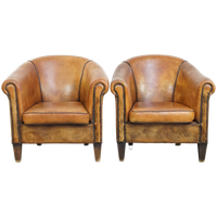 Karaktervolle Set Van 2 Stoere Vintage Schapenleren Clubfauteuils Met Een Prachtig Patina