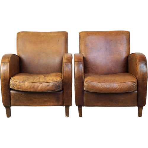 Comfortabele Set Vintage Schapenleren Design Fauteuils/ Armchairs Met Mooie Kleuren