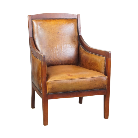 Ranke Schapenleren En Houten Vintage Art Deco Design Armchair In Een Prachtige Warme Cognac Kleur 1