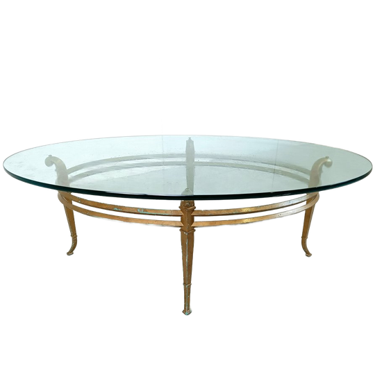Vintage Golden Metal And Oval Glass Coffee Table, 1970s 1